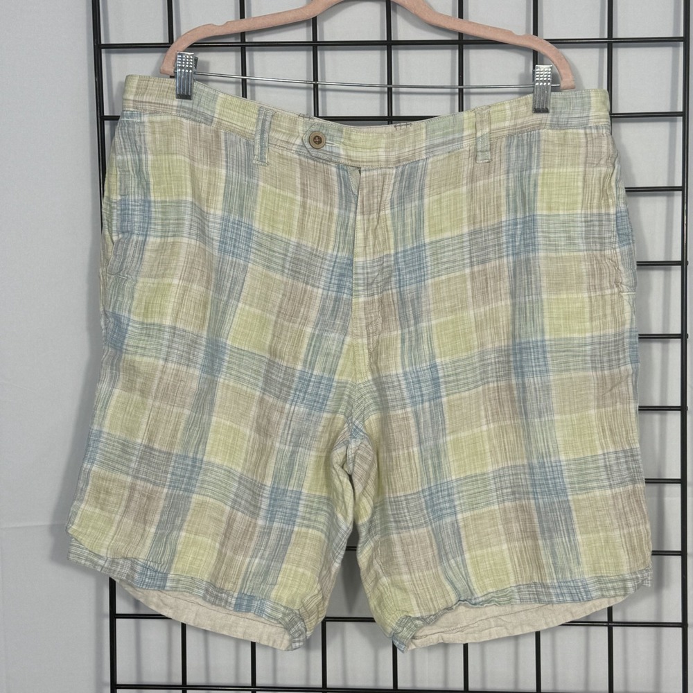 Tommy Bahama Shorts Mens 40 Blue Plaid Linen Reversible Casual Summer Island Duo